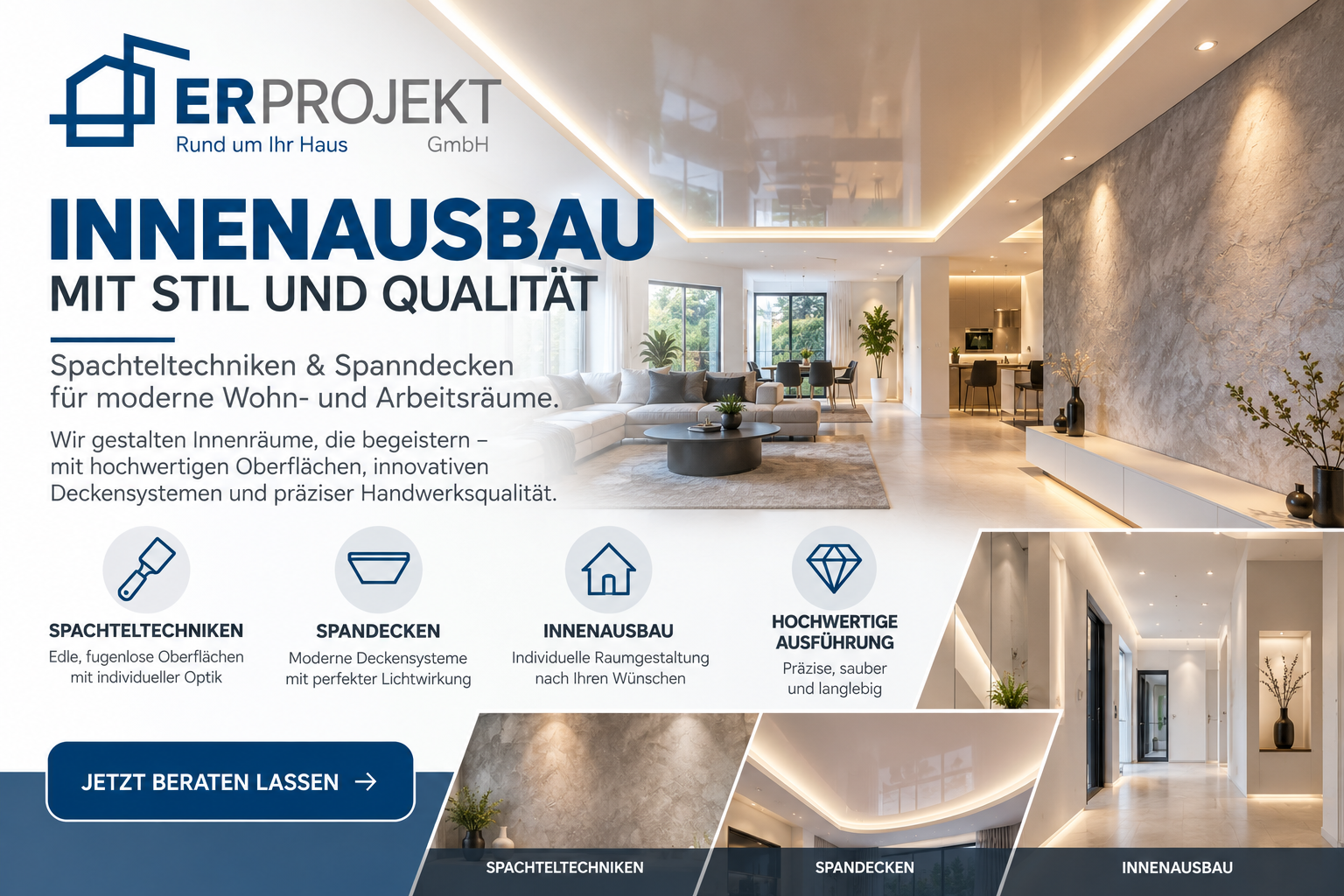 Moderner Wohnraum mit Spanndecke, indirekter Beleuchtung und dekorativer Wandgestaltung.