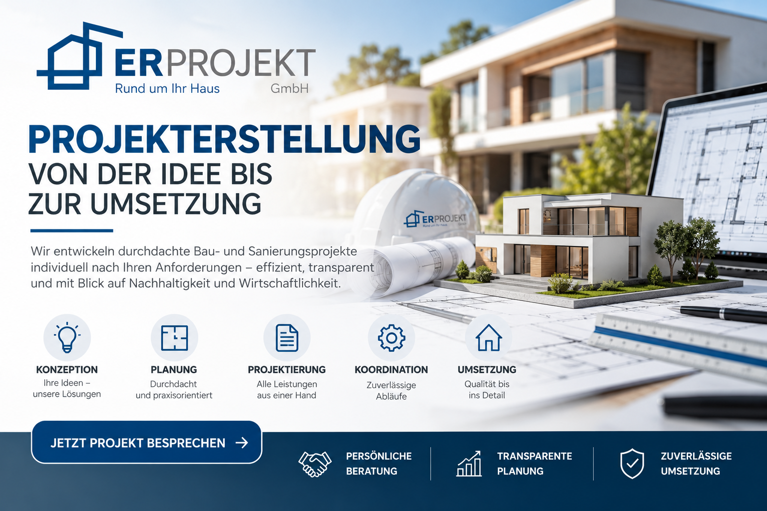 Projektentwicklung und Bauplanung mit einem digitalen 3D-Hausmodell und Architekturplänen.