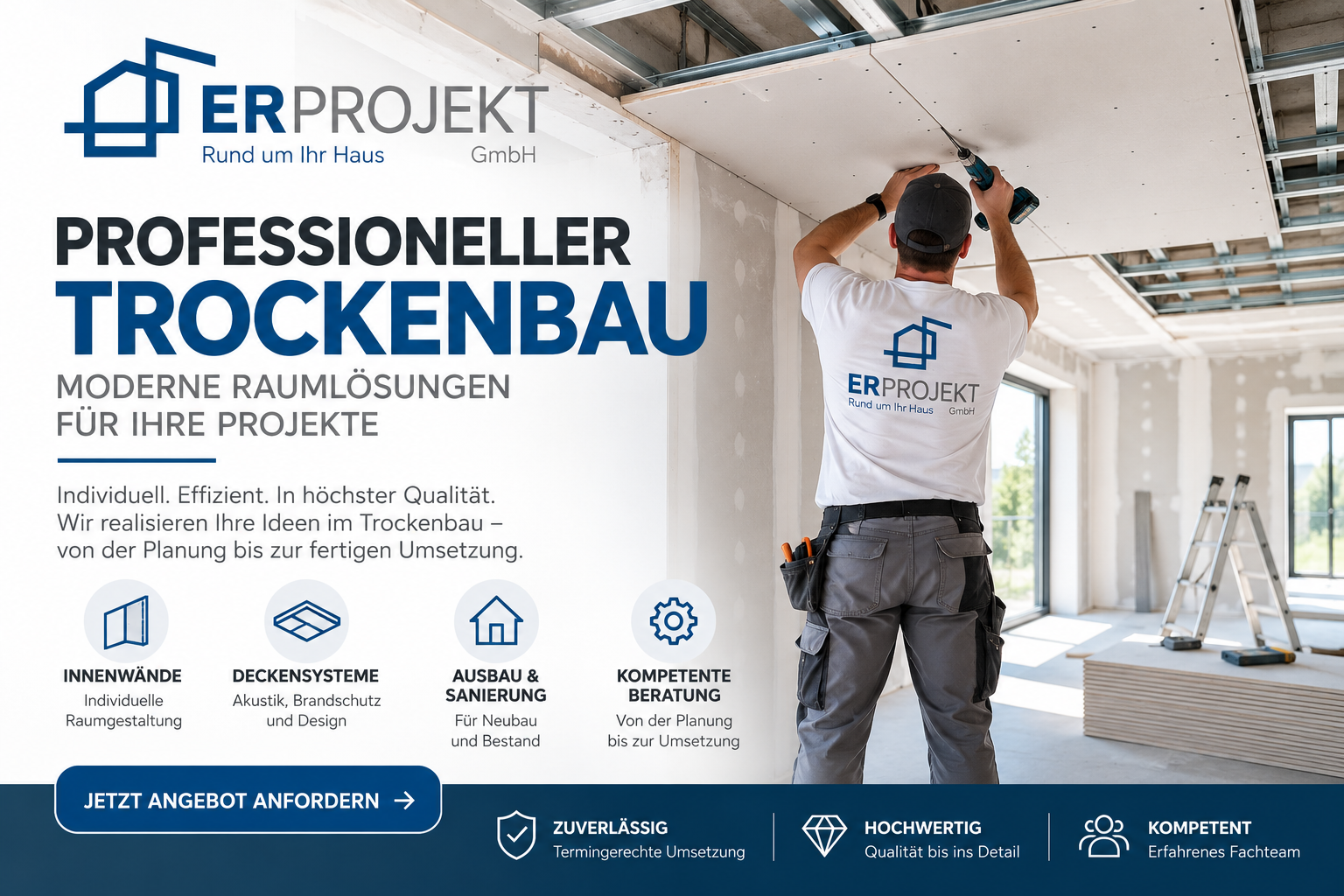 Trockenbau im Innenausbau: Ein Facharbeiter montiert eine Deckenverkleidung.