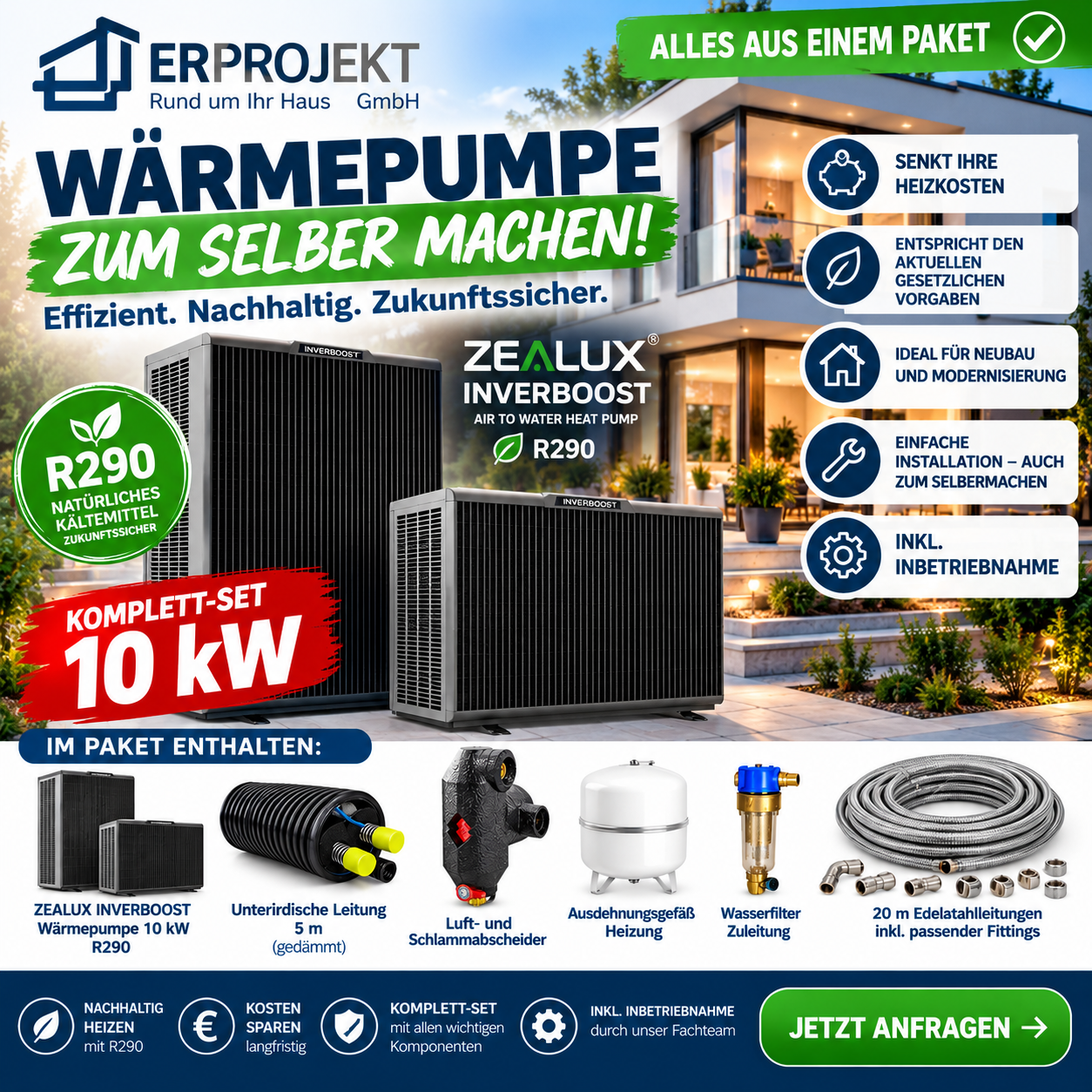 Angebotsmotiv für das ZEALUX INVERBOOST 10 kW Wärmepumpen-Komplettset mit R290 und Komponentenübersicht